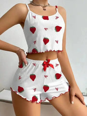 Summer Sleepwear Camisole Strawberry Printing Casual Vest Tops and Shorts  2 Pieces Pajamas Set Loungewear