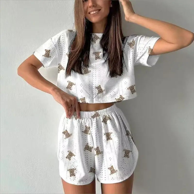 Summer Sleepwear Two-pieces Pajamas Set Breathable Printing Casual Short Sleeved Tops and Shorts Sets Loungewear
