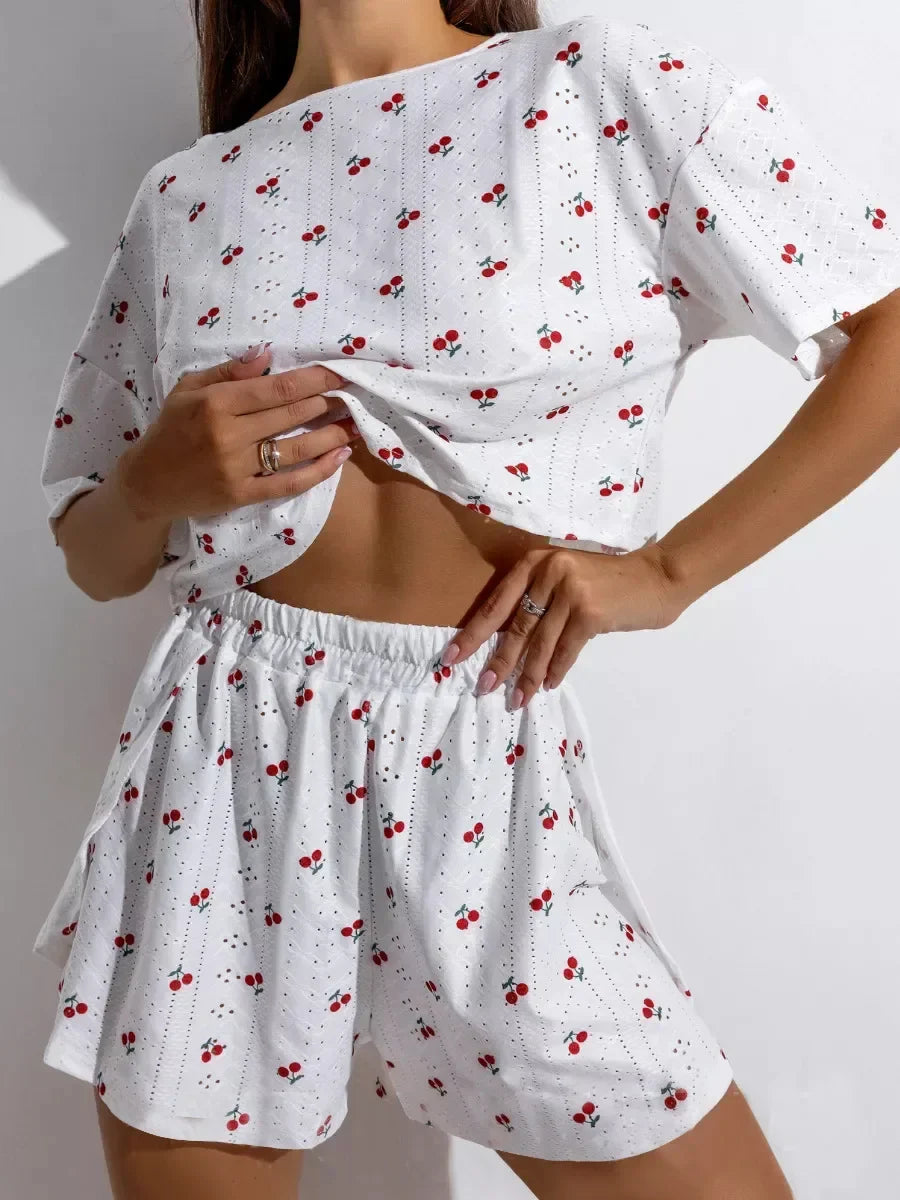Summer Sleepwear Two-pieces Pajamas Set Breathable Printing Casual Short Sleeved Tops and Shorts Sets Loungewear