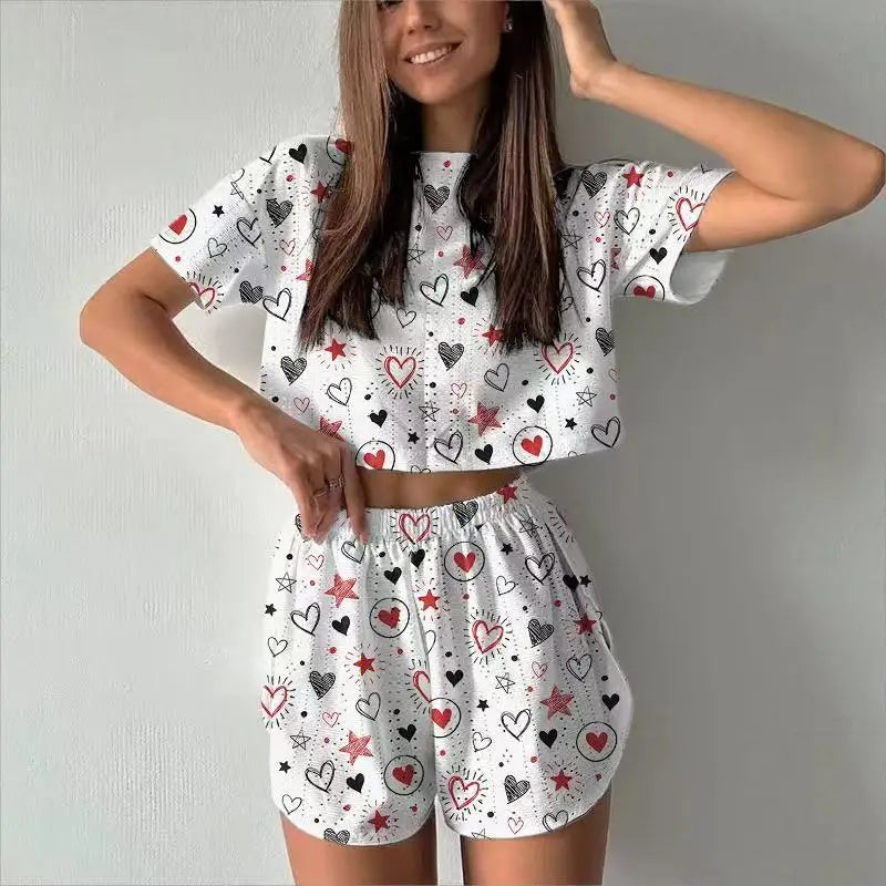 Summer Sleepwear Two-pieces Pajamas Set Breathable Printing Casual Short Sleeved Tops and Shorts Sets Loungewear