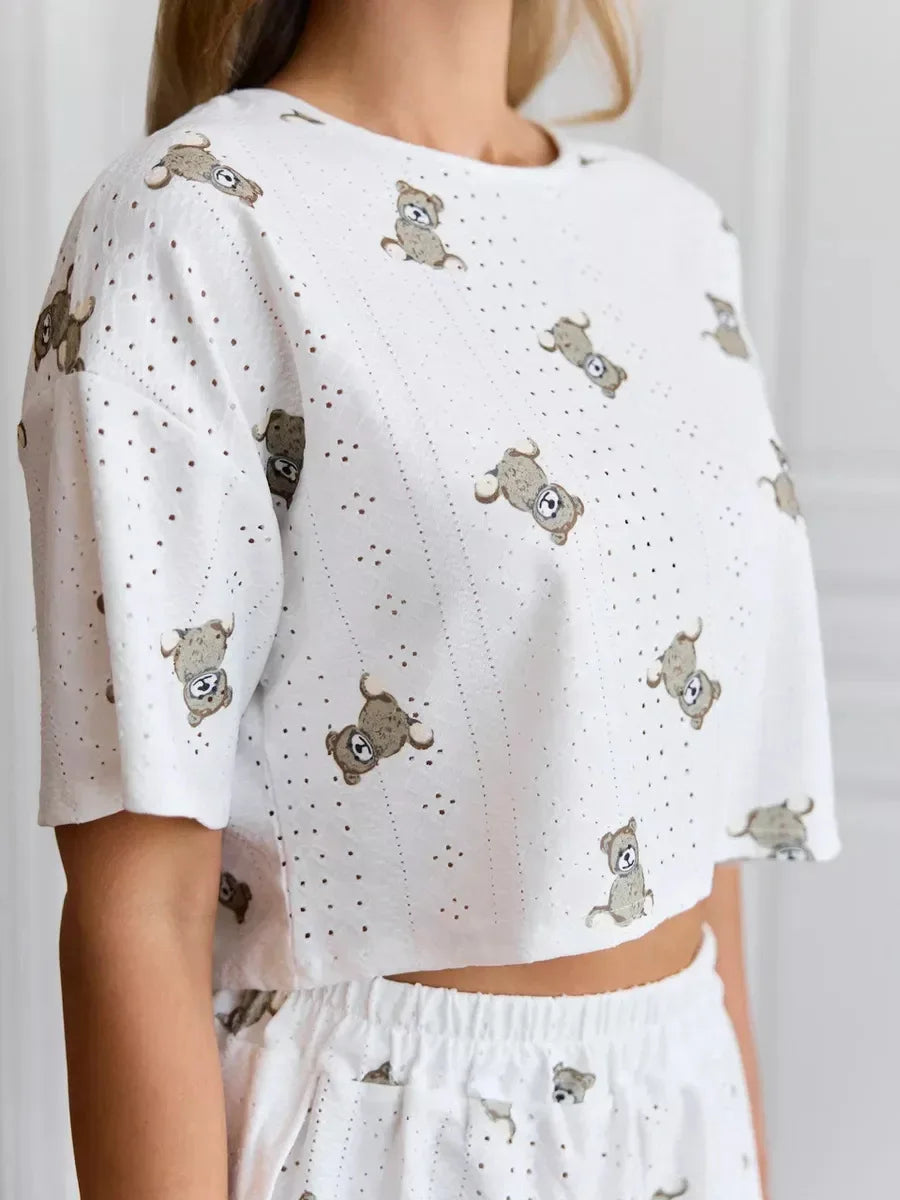 Summer Sleepwear Two-pieces Pajamas Set Breathable Printing Casual Short Sleeved Tops and Shorts Sets Loungewear