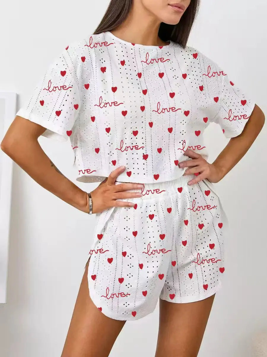 Summer Sleepwear Two-pieces Pajamas Set Breathable Printing Casual Short Sleeved Tops and Shorts Sets Loungewear