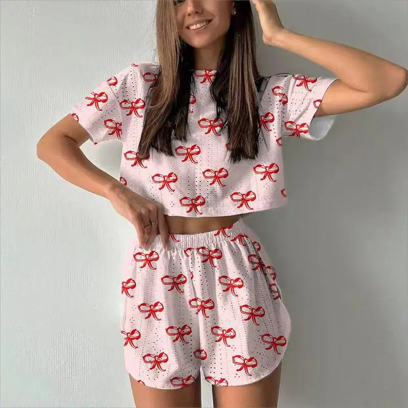 Summer Sleepwear Two-pieces Pajamas Set Breathable Printing Casual Short Sleeved Tops and Shorts Sets Loungewear