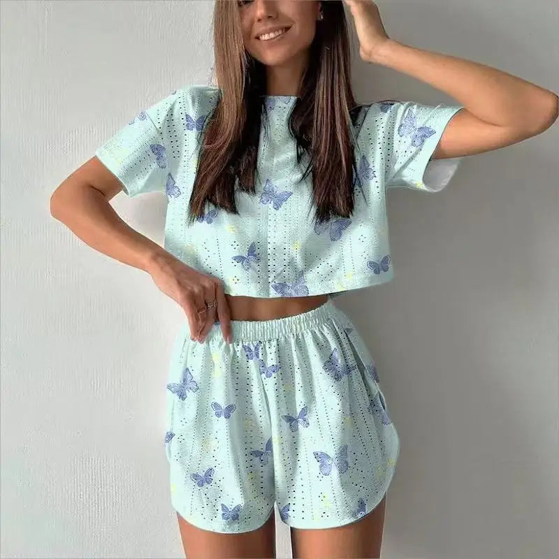 Summer Sleepwear Two-pieces Pajamas Set Breathable Printing Casual Short Sleeved Tops and Shorts Sets Loungewear