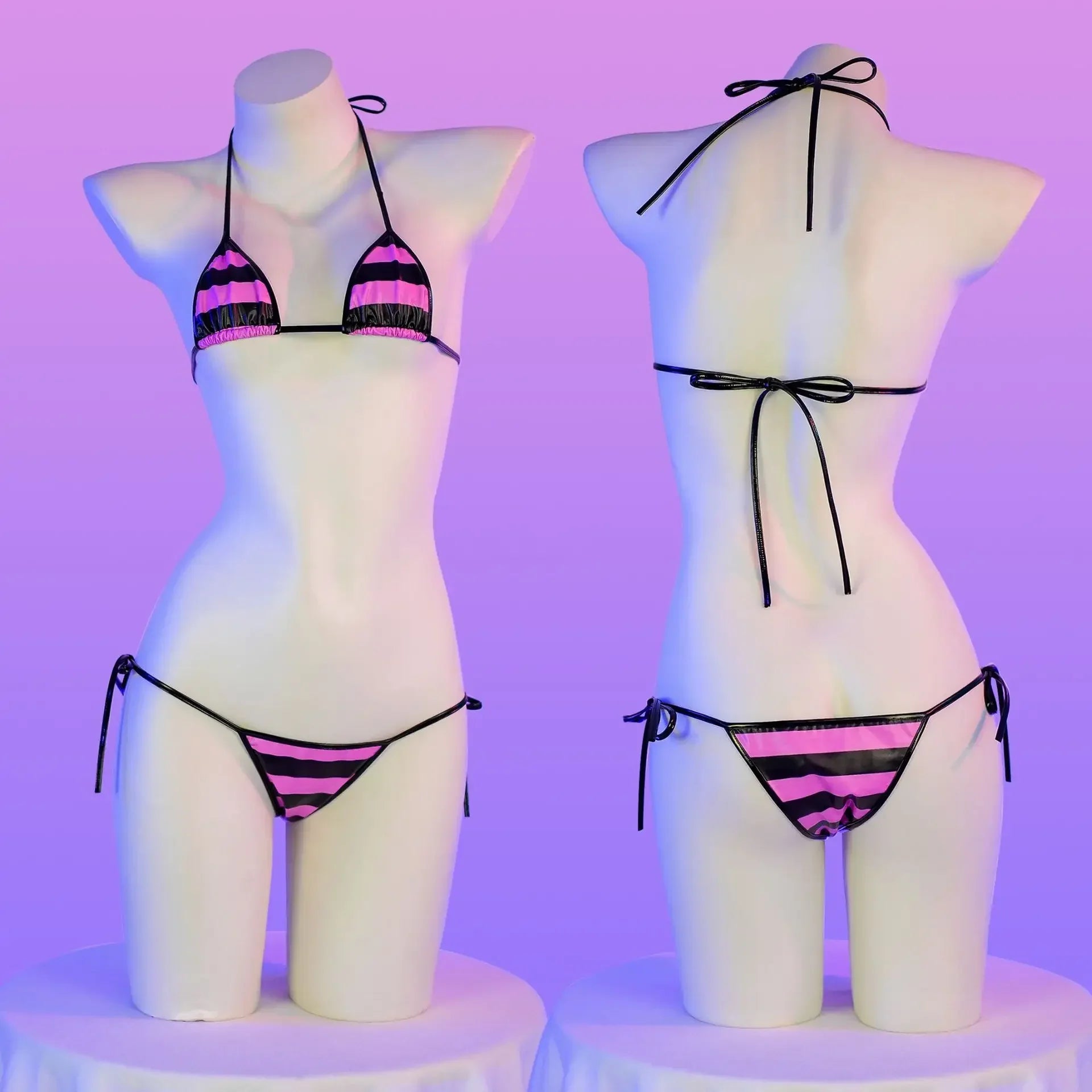 Summer Swimwear Japanese Kawaii PU Leather Micro Bikini Set Swimsuit Stripes Bra Set Lingerie Underwear Costume