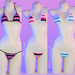 Summer Swimwear Japanese Kawaii PU Leather Micro Bikini Set Swimsuit Stripes Bra Set Lingerie Underwear Costume