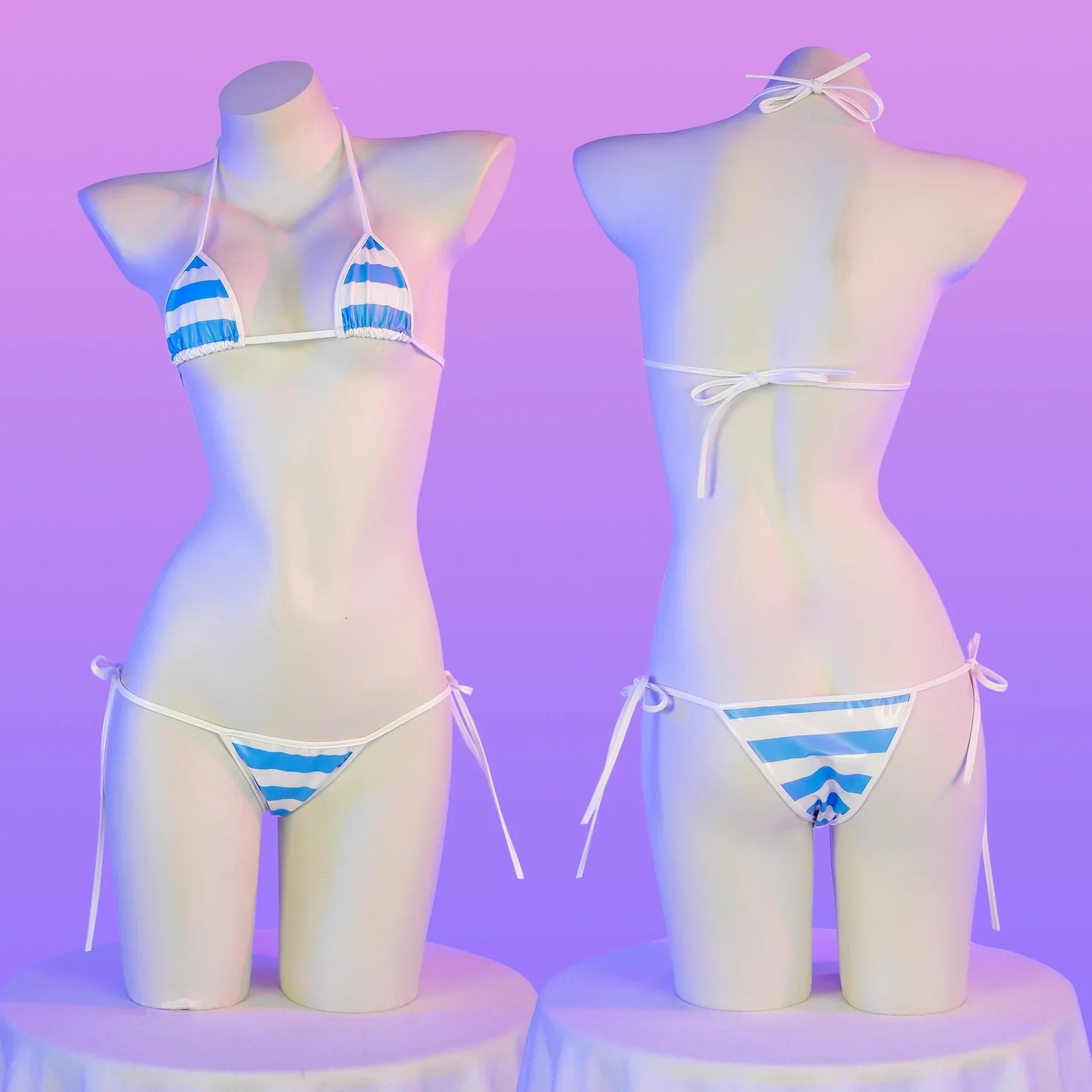 Summer Swimwear Japanese Kawaii PU Leather Micro Bikini Set Swimsuit Stripes Bra Set Lingerie Underwear Costume