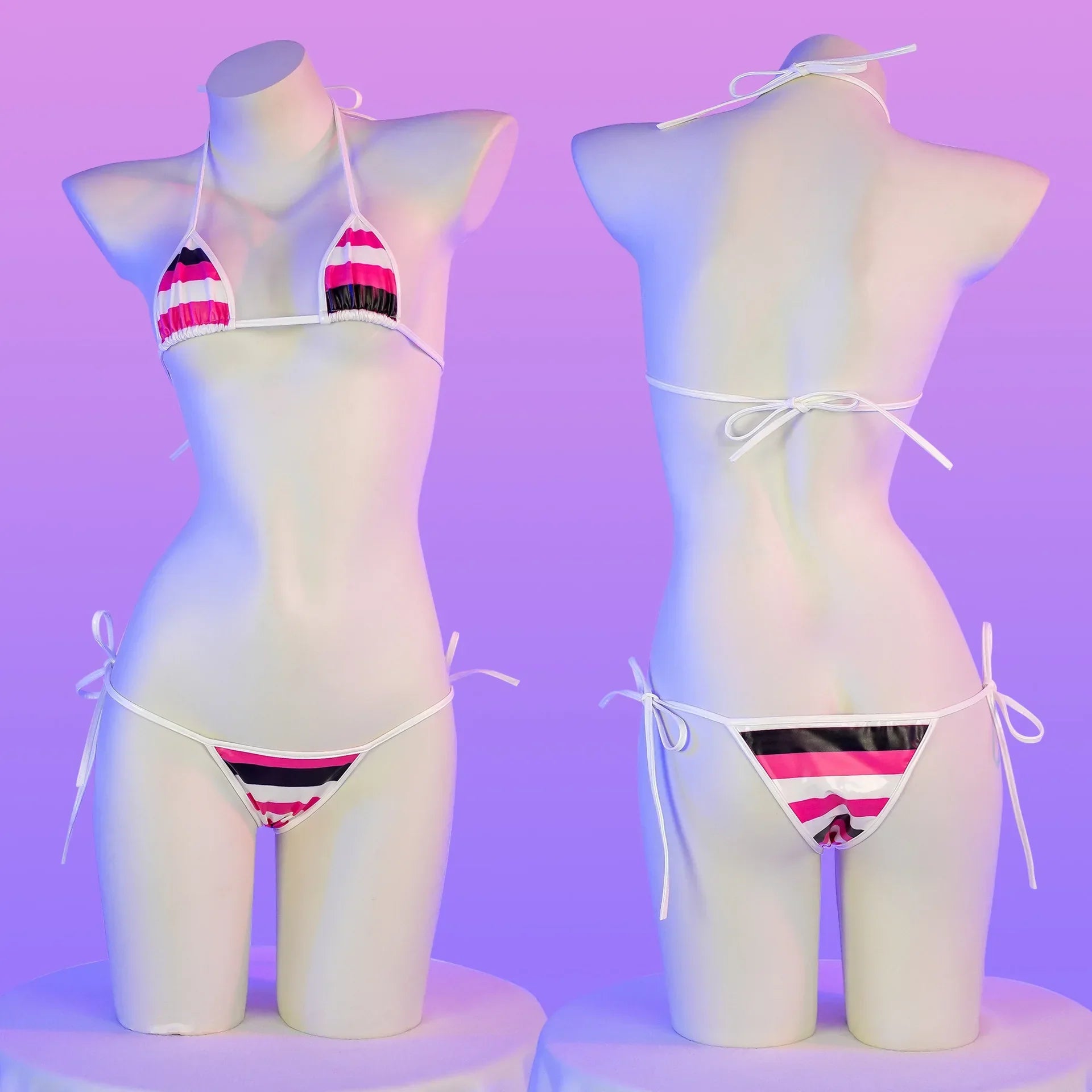 Summer Swimwear Japanese Kawaii PU Leather Micro Bikini Set Swimsuit Stripes Bra Set Lingerie Underwear Costume