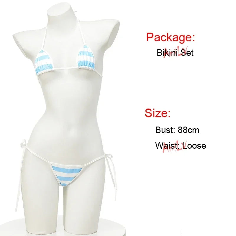 Summer Swimwear Japanese Kawaii PU Leather Micro Bikini Set Swimsuit Stripes Bra Set Lingerie Underwear Costume