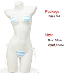 Summer Swimwear Japanese Kawaii PU Leather Micro Bikini Set Swimsuit Stripes Bra Set Lingerie Underwear Costume