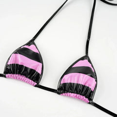 Summer Swimwear Japanese Kawaii PU Leather Micro Bikini Set Swimsuit Stripes Bra Set Lingerie Underwear Costume