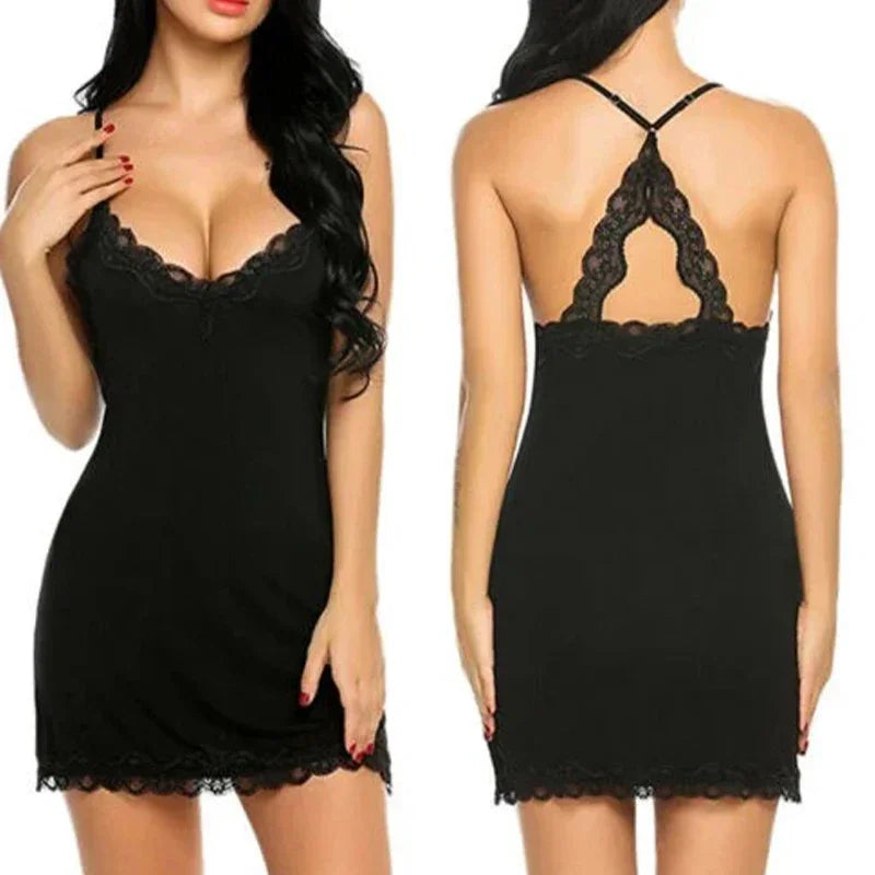 Summer Fashionable Silk Satin Patchwork Lace Suspender with Back Lace Decoration Dress