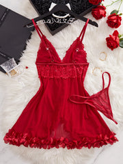 Summer Pajamas Red Lingerie Night Dress Lace See Through Nightdress Sleepwear Elegant And Sensual Underwear Set