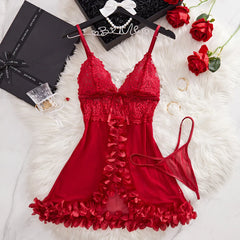 Summer Pajamas Red Lingerie Night Dress Lace See Through Nightdress Sleepwear Elegant And Sensual Underwear Set