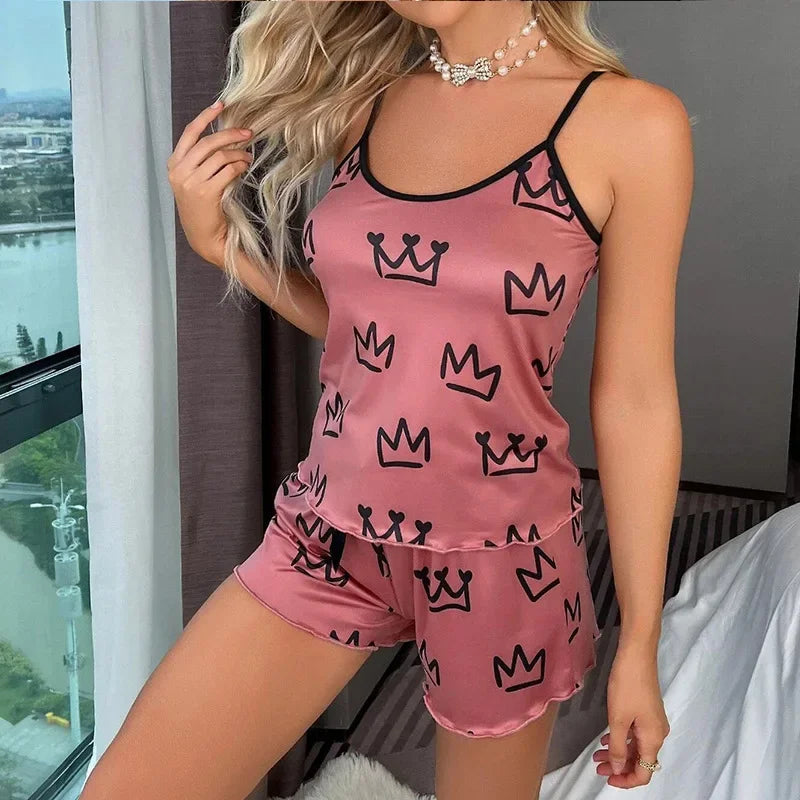 Summer Y2K Cute Crown Cartoon Print Top and Shorts Sleepwear 2Pcs Pajamas Set Loungewear Pyjamas