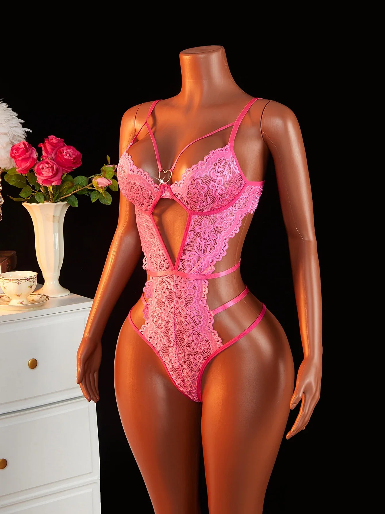 Super Lingerie Bodysuit Push Up Deep V Lace Rose Red One Piece Clubwear