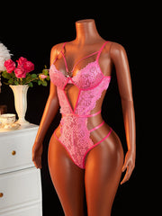 Super Lingerie Bodysuit Push Up Deep V Lace Rose Red One Piece Clubwear