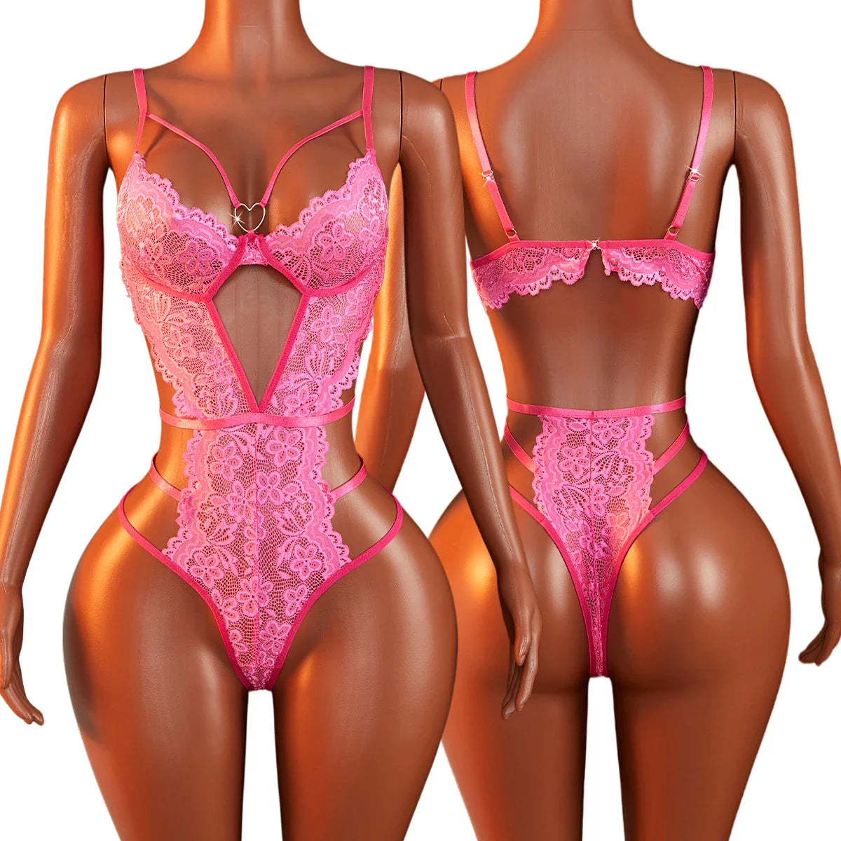 Super Lingerie Bodysuit Push Up Deep V Lace Rose Red One Piece Clubwear