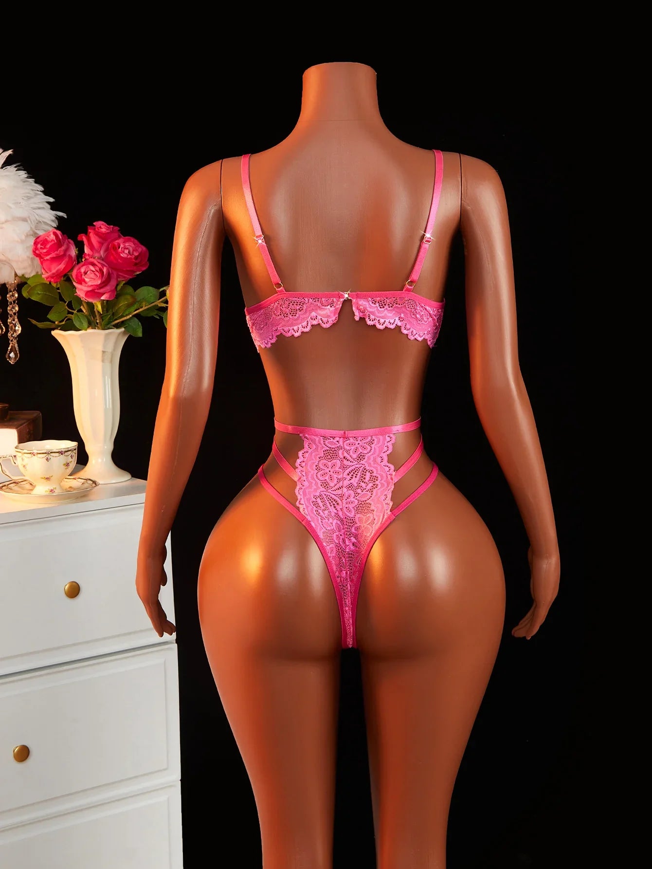 Super Lingerie Bodysuit Push Up Deep V Lace Rose Red One Piece Clubwear