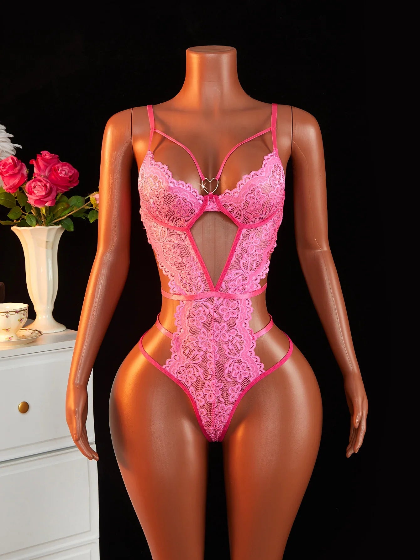Super Lingerie Bodysuit Push Up Deep V Lace Rose Red One Piece Clubwear