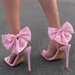 Sweet Buckle Strap Open Pleated Butterfly-Knot Square Toe Shallow High Heels Sandals