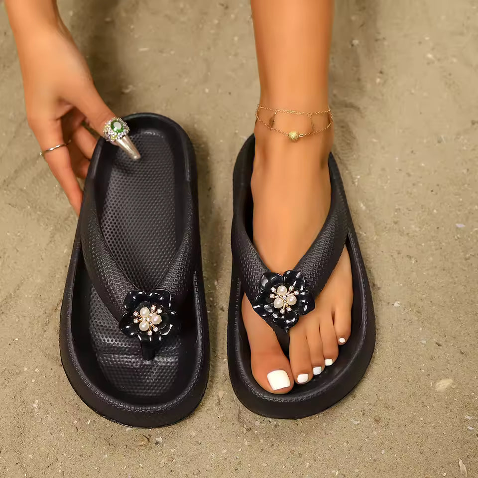 Sweet Comfort Versatile Beach Style Bedazzled Floral Accents Flip Flops Slippers