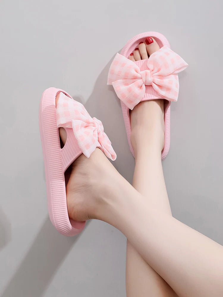 Sweet Flower Bow Thick Platform Indoor Bathroom Flip Flops Cloud Slippers