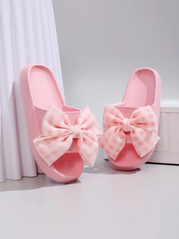Sweet Flower Bow Thick Platform Indoor Bathroom Flip Flops Cloud Slippers
