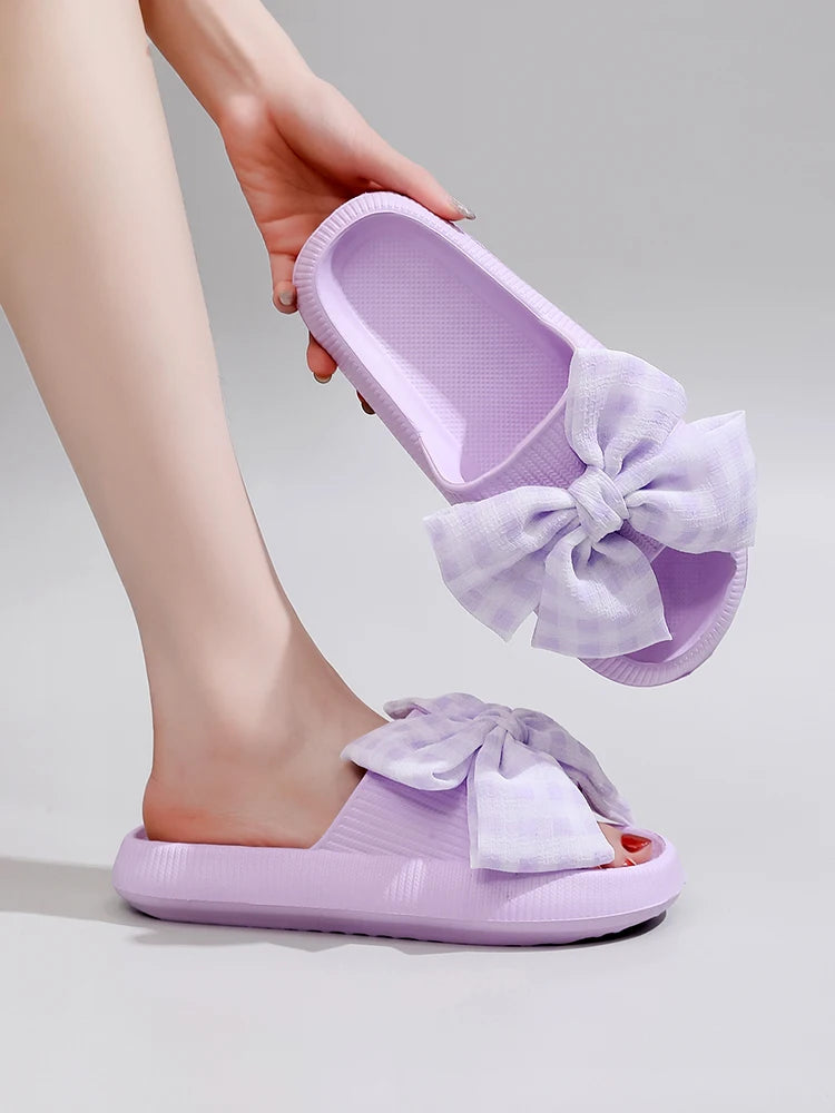 Sweet Flower Bow Thick Platform Indoor Bathroom Flip Flops Slippers