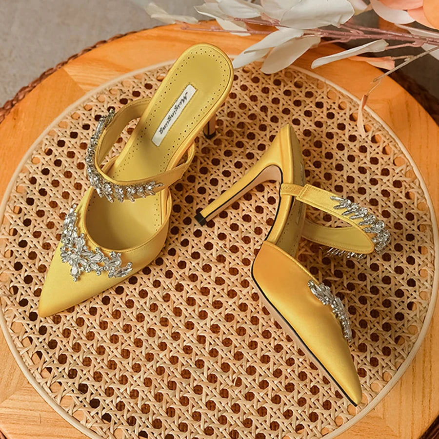Temperament Silk Wheat Ear Rhinestones Muller Pointed Stiletto High Heels Pump