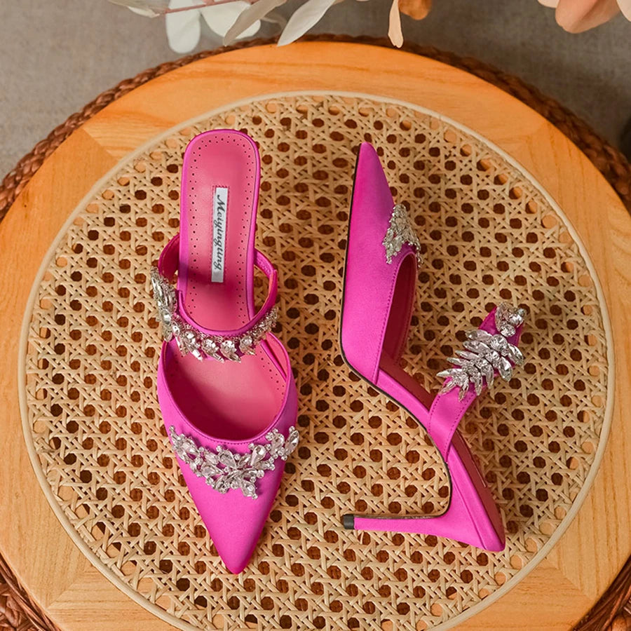 Temperament Silk Wheat Ear Rhinestones Muller Pointed Stiletto High Heels Pump
