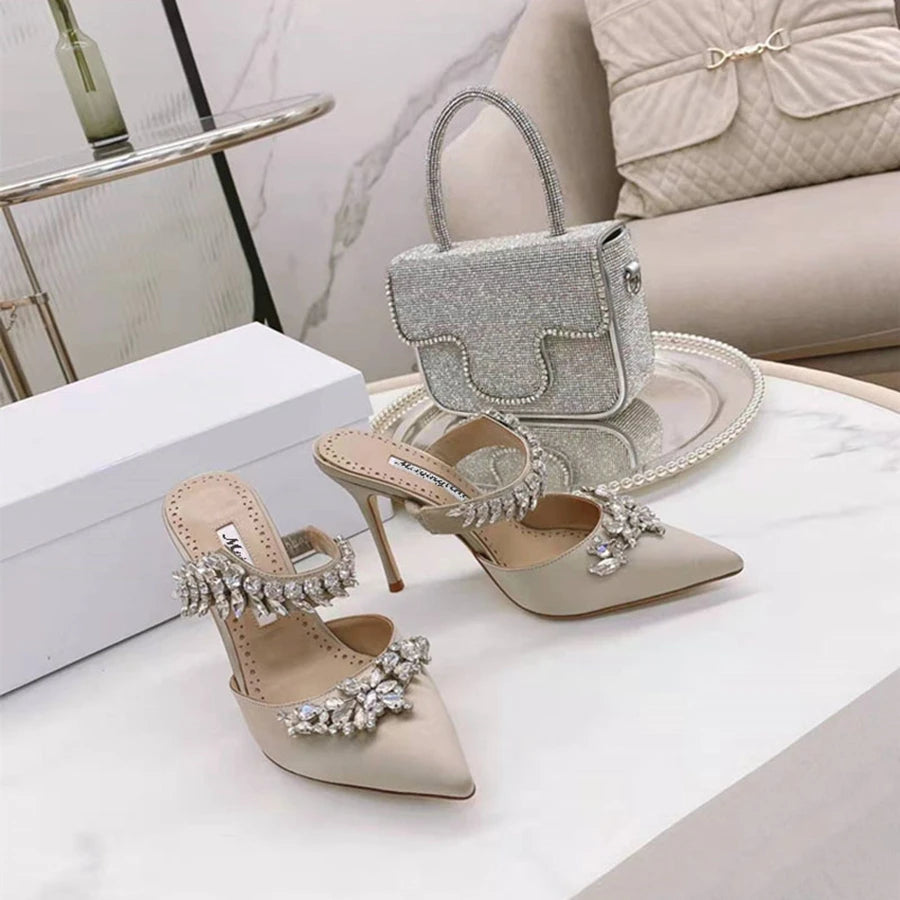 Temperament Silk Wheat Ear Rhinestones Muller Pointed Stiletto High Heels Pump