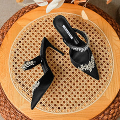 Temperament Silk Wheat Ear Rhinestones Muller Pointed Stiletto High Heels Pump