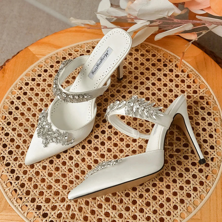 Temperament Silk Wheat Ear Rhinestones Muller Pointed Stiletto High Heels Pump