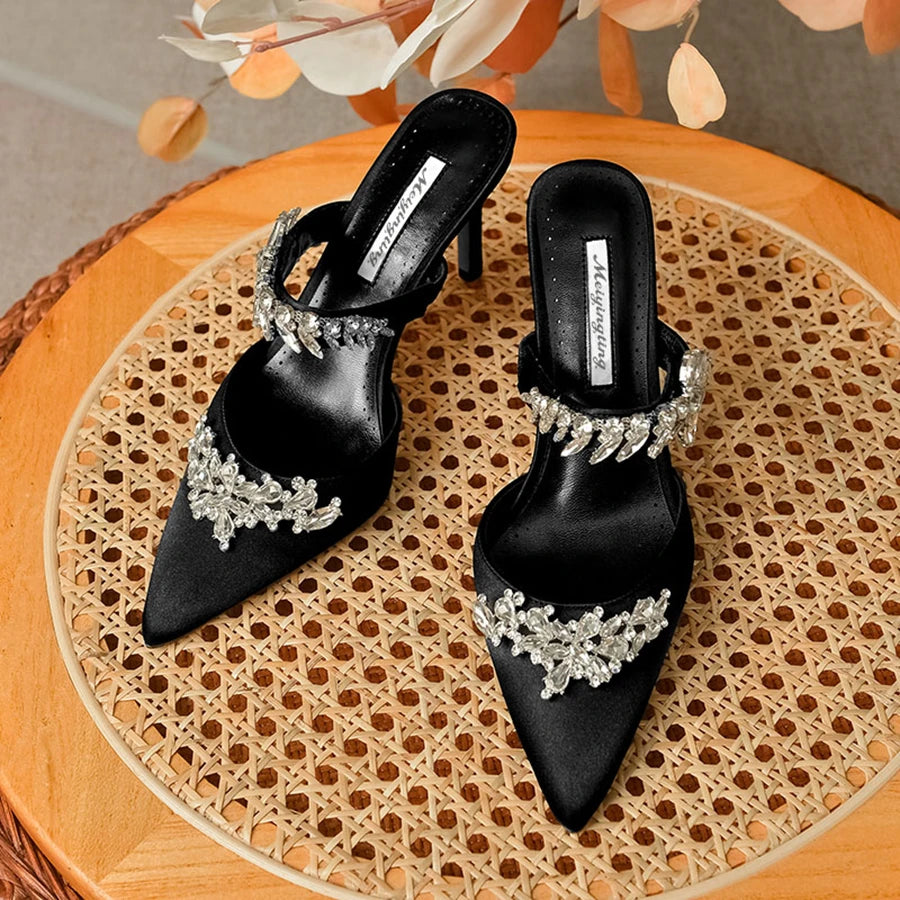 Temperament Silk Wheat Ear Rhinestones Muller Pointed Stiletto High Heels Pump
