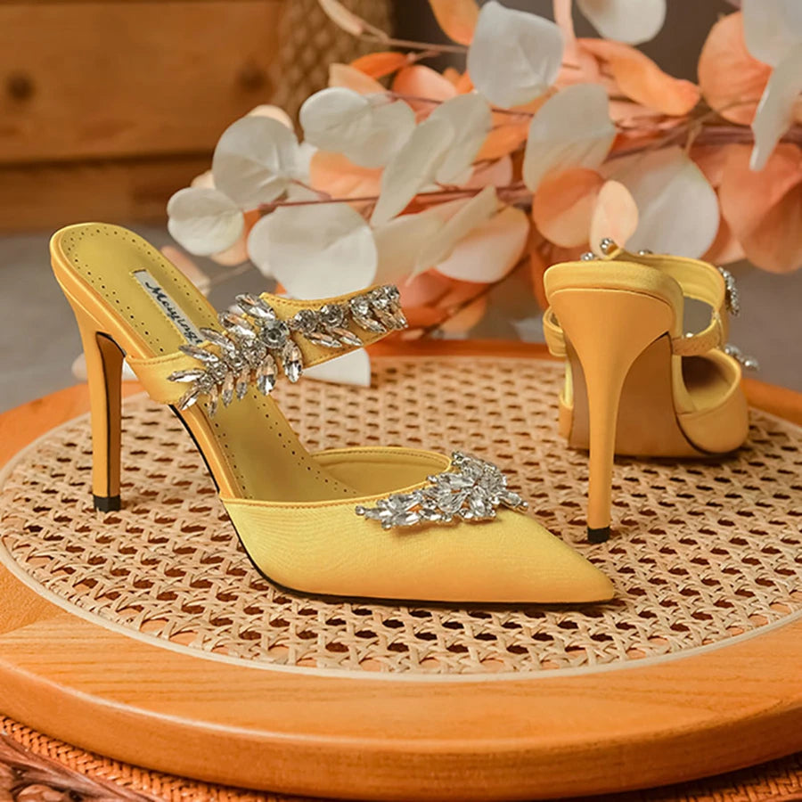 Temperament Silk Wheat Ear Rhinestones Muller Pointed Stiletto High Heels Pump