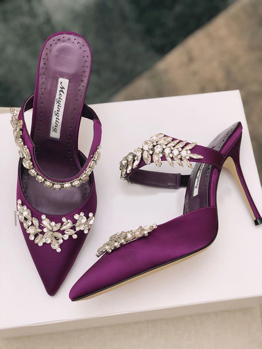 Temperament Silk Wheat Ear Rhinestones Muller Pointed Stiletto High Heels Pump