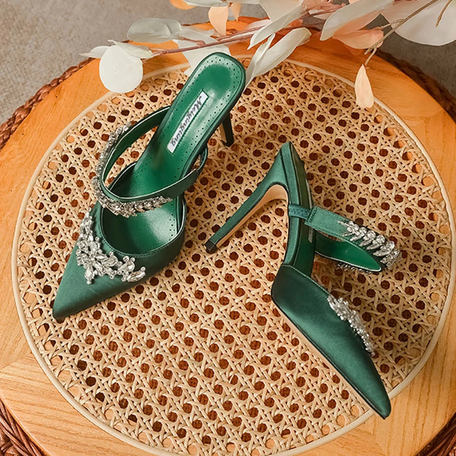 Temperament Silk Wheat Ear Rhinestones Muller Pointed Stiletto High Heels Pump