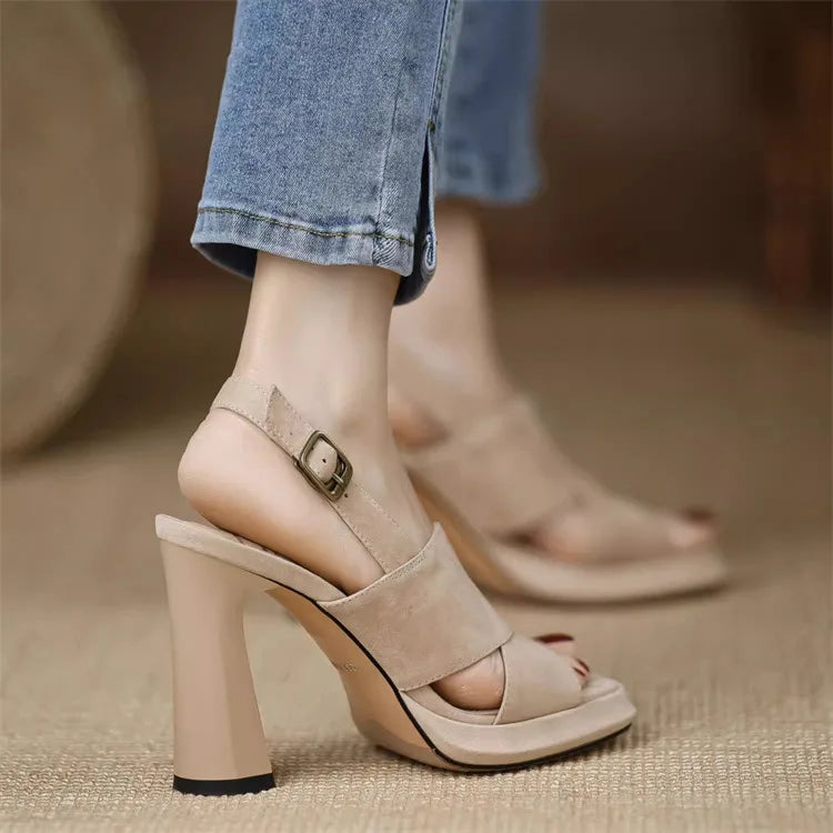 Elegant Square Heel Thick Open Toe One-Button High Heels Pumps