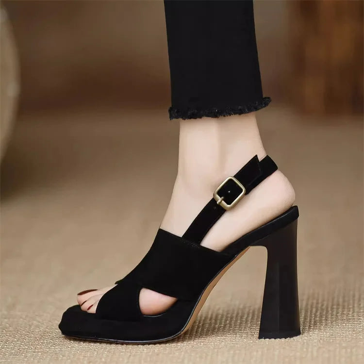 Elegant Square Heel Thick Open Toe One-Button High Heels Pumps