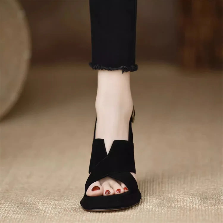 Elegant Square Heel Thick Open Toe One-Button High Heels Pumps