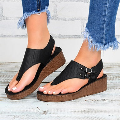 Thong Denim Style Outside Buckle Wedge Sandals