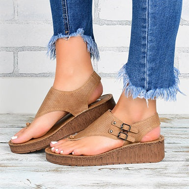 Thong Denim Style Outside Buckle Wedge Sandals