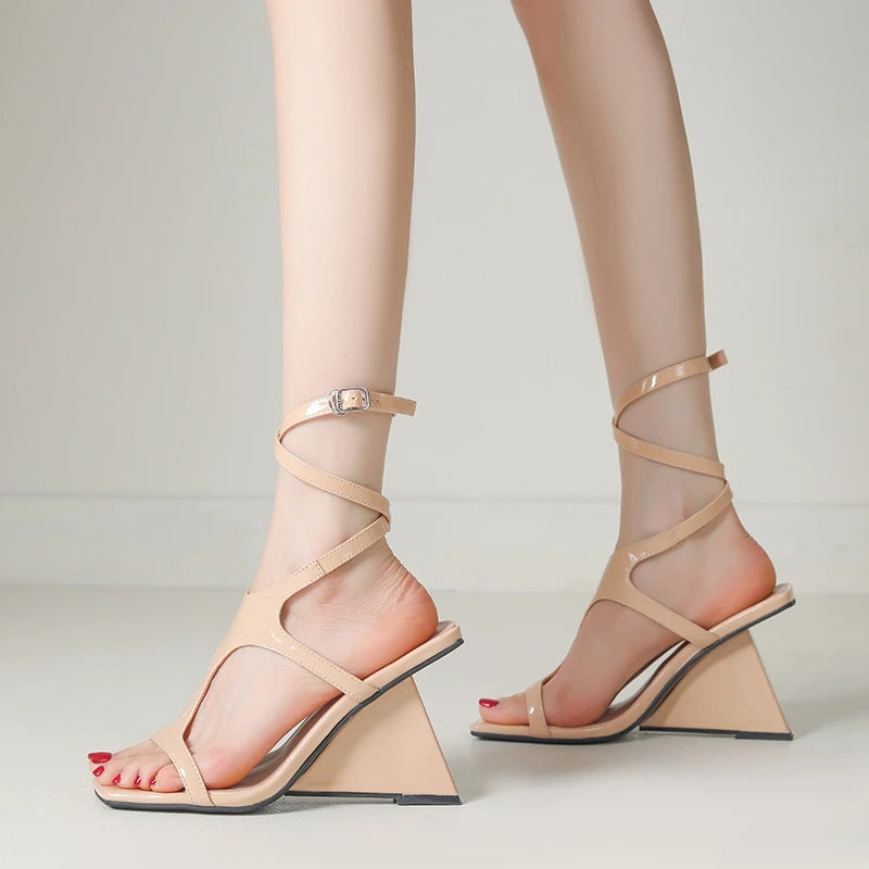 Cross-Strap Buckle Strap Toe Buckle Strap Round High Heels Sandal