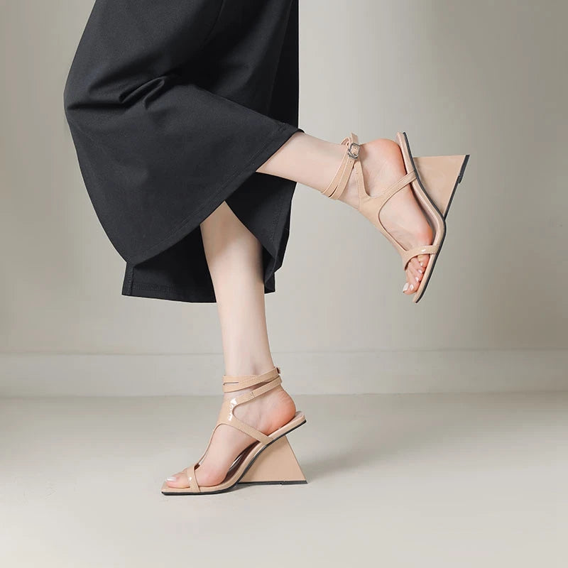 Cross-Strap Buckle Strap Toe Buckle Strap Round High Heels Sandal