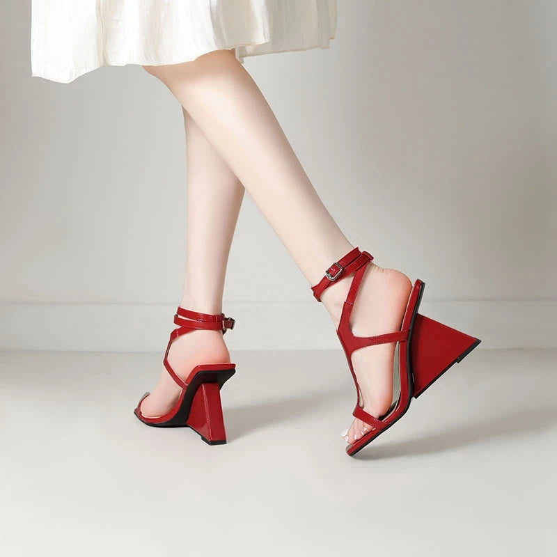 Cross-Strap Buckle Strap Toe Buckle Strap Round High Heels Sandal