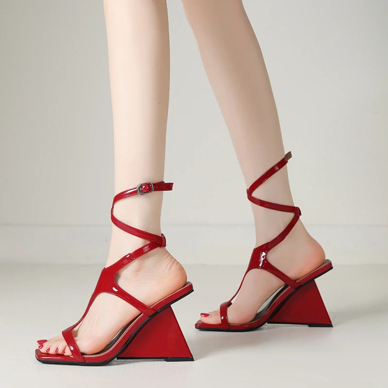 Cross-Strap Buckle Strap Toe Buckle Strap Round High Heels Sandal