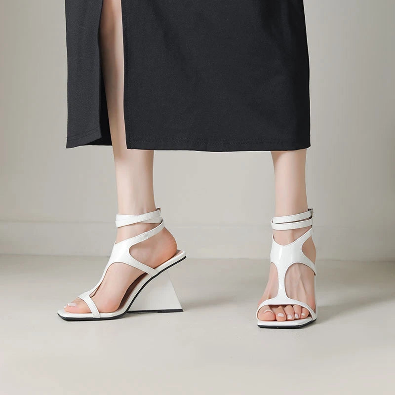 Cross-Strap Buckle Strap Toe Buckle Strap Round High Heels Sandal