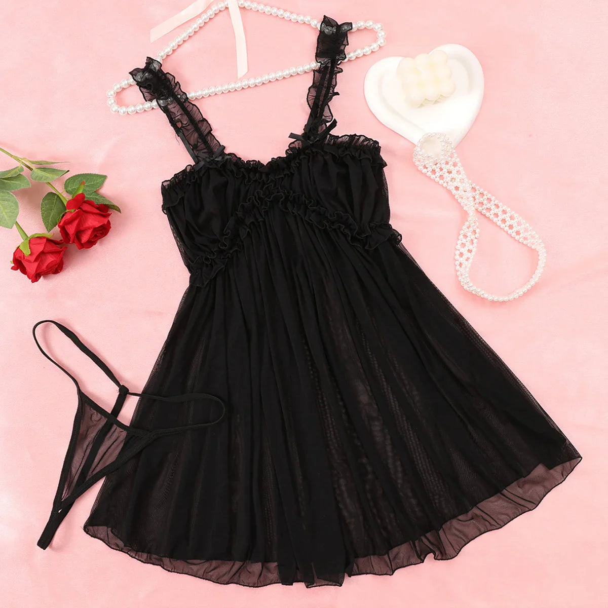 Transparent Babydoll Pink Porn Night Dress Lingerie Sleepwear New Lace Pajama Set + Thong