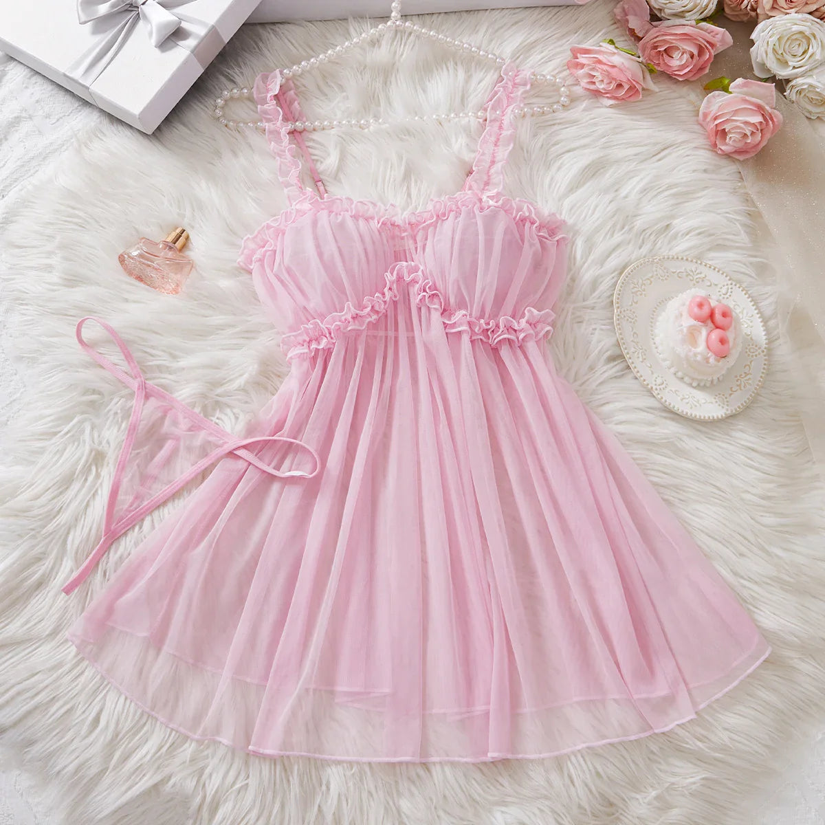 Transparent Babydoll Pink Porn Night Dress Lingerie Sleepwear New Lace Pajama Set + Thong
